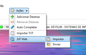 Menu Ações com as opções JLP Web: Importar e Enviar