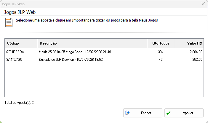 Lista de apostas do JLP Web para importar