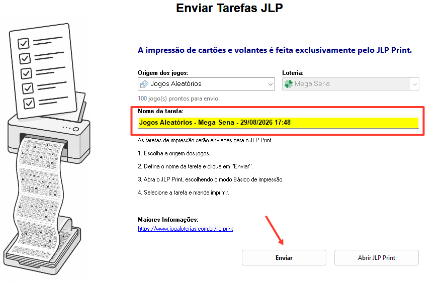 Tela Enviar Tarefas JLP mostrando origem Jogos Aleatórios, loteria Mega Sena e o campo Nome da tarefa preenchido automaticamente