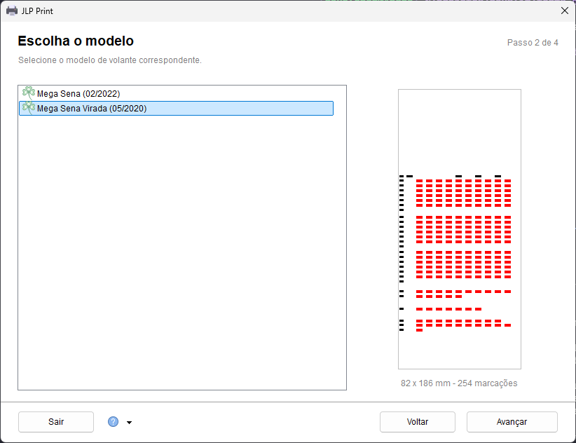 Tela Escolha o modelo, com a lista de modelos de volante e a pré-visualização das marcações à direita