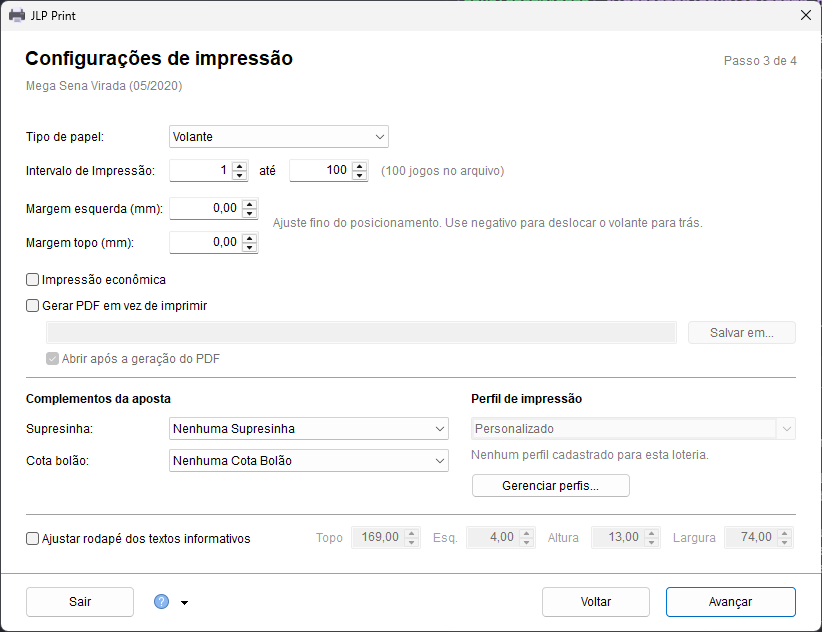 Tela Configurações de impressão com tipo de papel, intervalo, margens, impressão econômica, geração de PDF, complementos da aposta e perfil de impressão